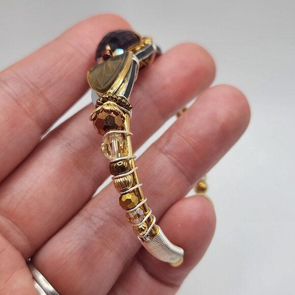 Liz Tech 2013 Camphor & Faceted Purple Glass Earthtones Cuff Bracelet Adjustable - Picture 4 of 12